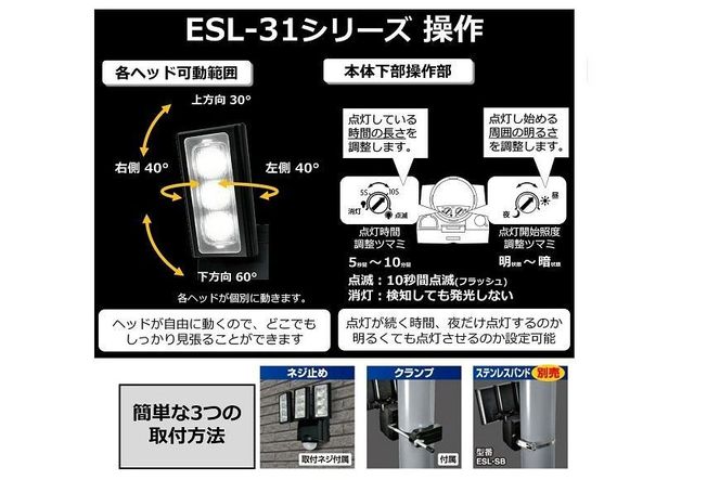 ソーラー式LEDセンサーライト　3灯　屋外　防水　防犯　ESL-313SL 272183_AZ119