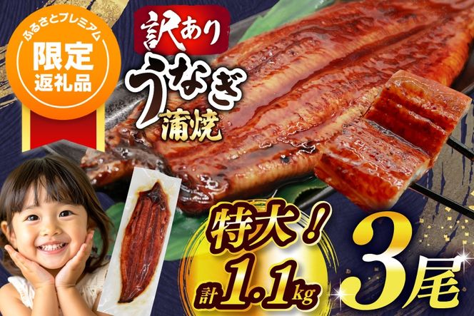 【ふるプレ限定品】 うなぎ 訳あり 蒲焼 特大 肉厚 3尾 約 1.1kg 小分け タレ 山椒付き [大黒物産 福岡県 宇美町 um40bak830001-FP] 不揃い 規格外 家庭用 鰻 ウナギ unagi うなぎ蒲焼 鰻蒲焼き 蒲焼き かば焼き 真空パック 個包装 冷凍 1キロ 1k 1万円以下 10000円の品 10000 10000円