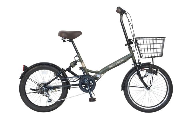 ノーパンク 折りたたみ自転車 ベルヴェデール Belvedere カーキ 20インチ 6段変速 リアサス・前カゴ・LEDライト付｜武田産業 フォールディングバイク 人気返礼品 空気入れ不要 パンクしない 通勤 通学 三重県 四日市市 ふるさと納税