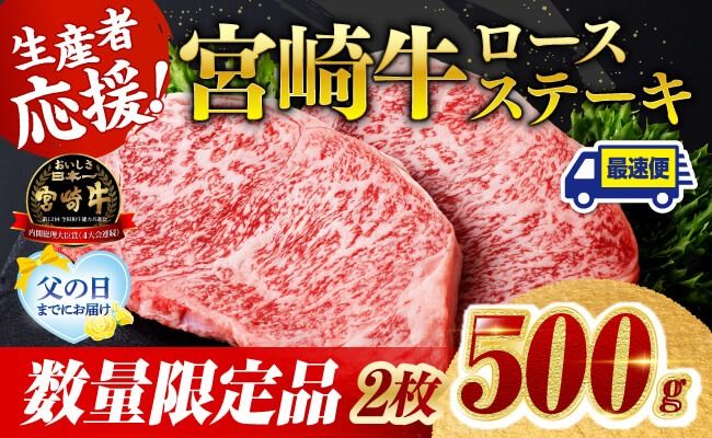 牛肉 [父の日までにお届け]※発送時期が選べる※ 生産者応援!宮崎牛ロースステーキ2枚 計500g 肉 牛肉 宮崎県産 黒毛和牛☆ [C00604 C00608 C00611]