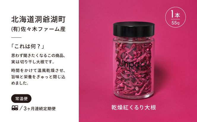 定期便 3ヵ月連続 3回 北海道産 乾燥紅くるり大根 55g 北海道 乾燥 野菜 乾燥野菜 だいこん 大根 ダイコン 紅くるり 無農薬 常温 お取り寄せ 送料無料 合同会社Unpack 洞爺湖町