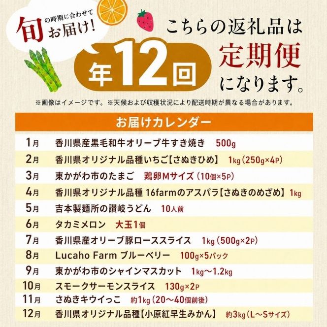 定期便 頒布会 12ヶ月 12回 香川県産 黒毛和牛 オリーブ牛 オリーブ豚 スモークサーモン サーモン さぬきひめ いちご さぬきのめざめ アスパラ シャインマスカット ブルーベリー タカミメロン キウイ みかん 鶏卵 讃岐うどん 定期 香川県 東かがわ市
