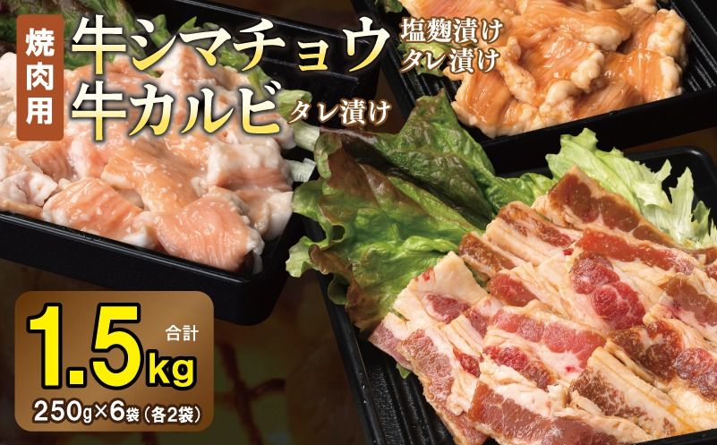 牛シマチョウ(タレ漬け+塩麹)&タレ漬け牛カルビの焼肉セット 合計1.5Kg(1袋250g×各2袋) [味付け 小分け 焼くだけ 簡単調理 BBQ 牛肉 ホルモン 250g×6袋]