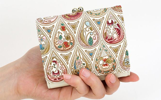 【文庫屋大関】三つ折りミニ財布　花と猫（ローズ）【皮革工芸品】 ファッション 小物 民芸品 お札 カード 小銭 手のひらサイズ コンパクト 蝶々 牛革 手作り 国産 