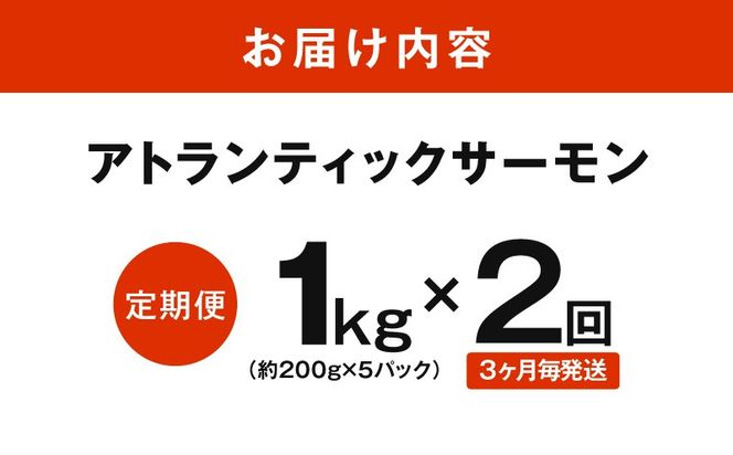 G3713 【定期便】アトランティックサーモン 1kg 全2回【2026年2月＆2026年5月発送 小分け 200g×5P 柵切り 刺身 魚介 海鮮 さーもん 生食】