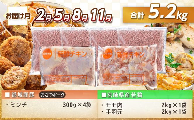 大容量！隔月5回お届け！「おさつポーク」と宮崎県産若鶏定期便_T85（5）-1403_(都城市) 隔月 5回お届け おさつポーク 豚肉 県産若鶏 鶏肉 業務用 毎回5kg以上 冷凍 栗山ノーサン