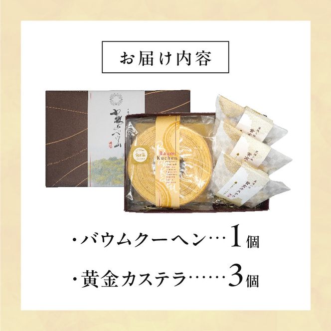 尾張小牧黄金カステラ（名古屋コーチンカステラ）と小牧山城バウムクーヘン（コーチン卵と和三盆糖使用）のセット［120A03］