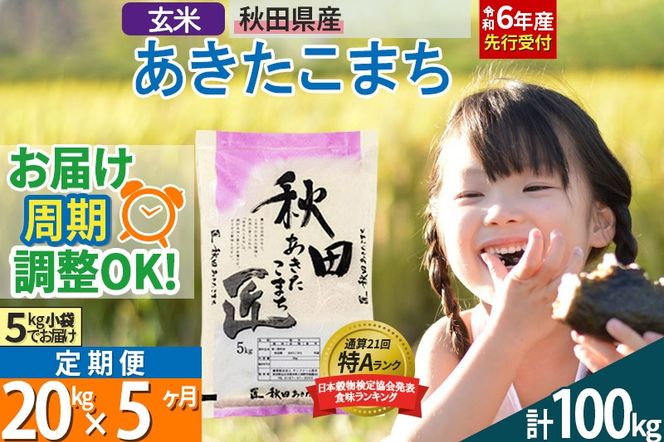 【玄米】＜令和6年産 予約＞ 《定期便5ヶ月》秋田県産 あきたこまち 20kg (5kg×4袋)×5回 20キロ お米【お届け周期調整 隔月お届けも可】|02_snk-020805s