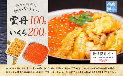 【年内配送 12月14日まで受付】3595.  無地熨斗 うに 100g いくら醤油漬け 200g ウニ チリ産 冷凍 いくら 二色丼 雲丹 イクラ 海鮮 海鮮丼 うに丼 いくら丼 いくら醤油漬け のし 名入れ不可 送料無料 北海道 弟子屈町