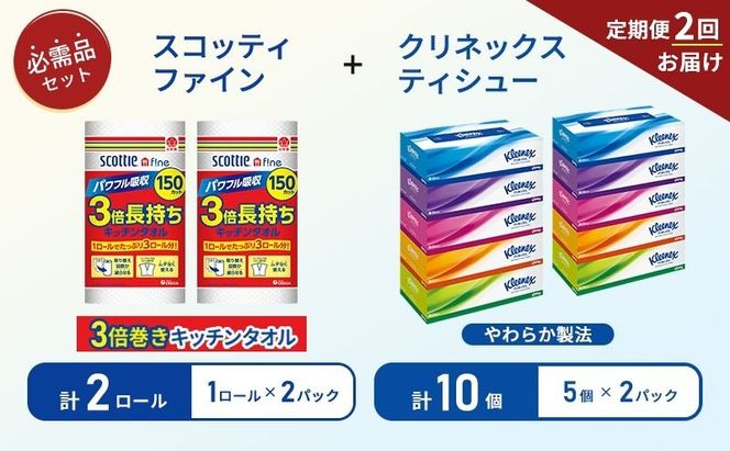 【 6ヶ月ごと計 2回お届け 】ティッシュ クリネックス 5箱入 × 2パック キッチンペーパー 2パック入 キッチンタオル スコッティ ファイン 1 ロール 3倍 150カット