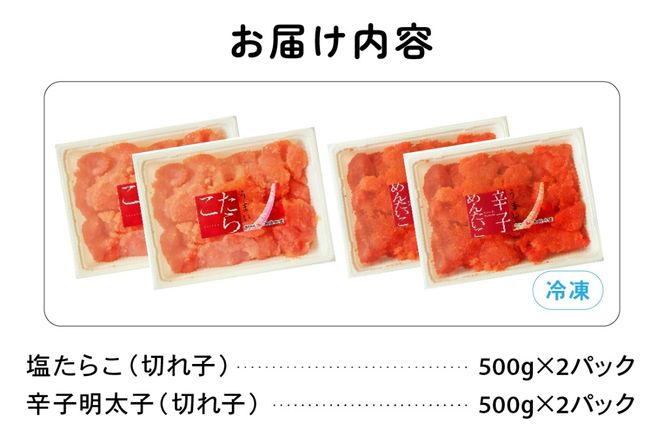 訳あり 塩たらこ･辛子明太子（500g×各2パック） 切子セット　バラ子 切れ子 たらこ 明太子 加藤水産 ひとくちサイズ 切子 不揃い つまみ おつまみ ごはんのお供 惣菜 おかず パスタ お茶漬け 珍味 海鮮 海産物 海の幸 魚介 魚介類 訳あり 訳アリ わけあり おせち