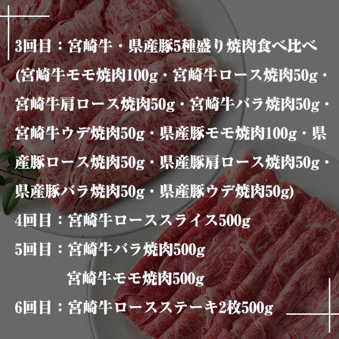 【定期便・全6回(連続)】宮崎牛・県産豚豪華バラエティ定期便 お肉 豚肉 牛肉 黒毛和牛 ブランド和牛 冷凍 国産 しゃぶしゃぶ すき焼き 焼肉 BBQ ロース ウデ モモ 赤身 食べ比べ 【R-99】【ミヤチク】