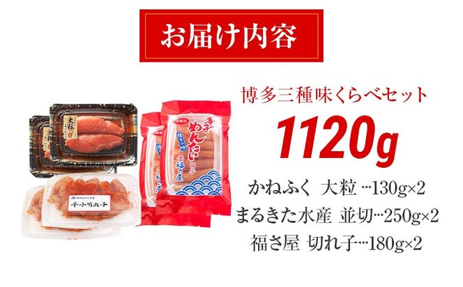 辛子明太子 博多三種味くらべセット大盛 1120g(かねふく大粒130g×2、まるきた水産並切250g×2、福さ屋 切れ子180g×2) かねふく 大粒 まるきた水産 並切 福さ屋 切れ子