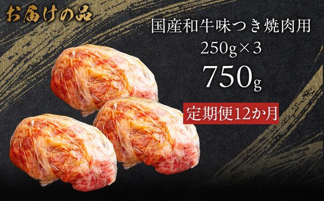 【12か月定期便】国産和牛味つき焼肉用 750g (250g×3) MROBM016