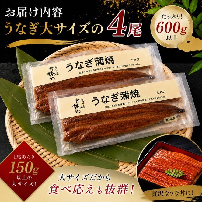 国産うなぎ  蒲焼き 大サイズ 4尾セット(合計600g) タレ付き 国産 うなぎ ウナギ 鰻 蒲焼 かば焼き 4尾 セット 惣菜 冷凍
