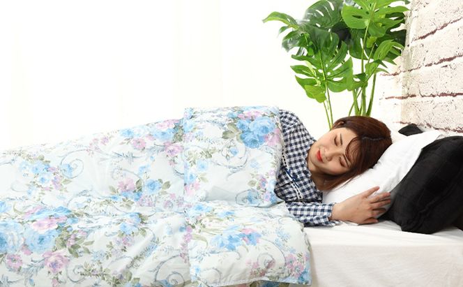 【春夏用】洗える羽毛肌掛け布団シングルダウン90％0.3kgダウンケット洗濯できる花柄ブルー日本製 寝具 軽量 抗菌 消臭 