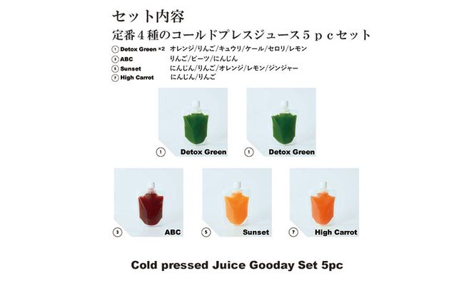 コールドプレス5パック/Detox Green×2、ABC×1本、Sunset×1本、HighCarrot×1