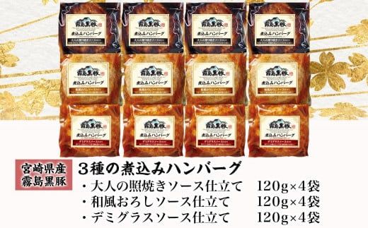 霧島黒豚 3種の煮込みハンバーグ 12個セット (デミグラスソース仕立て・和風おろしソース仕立て・大人の照焼きソース仕立て)_11-2803_(都城市) 脂身 厳選 霧島黒豚 じっくり 3種類 ソース ふっくら 煮込みハンバーグ 小分けセット！ ハンバーグ 豚肉