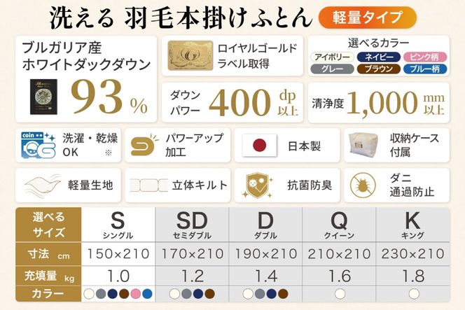 羽毛布団 本掛け 軽量 シングル 1.0kg ホワイトダックダウン93% 冬用 ピンク [川村羽毛 山梨県 韮崎市 20745600] 赤 マンションタイプ 軽い ブルガリア産 掛け布団 ダウンかけ布団 ふとん 羽毛ふとん 本掛け布団 5つ星 ロイヤルゴールドラベル 抗菌防臭 ダニプルーフ
