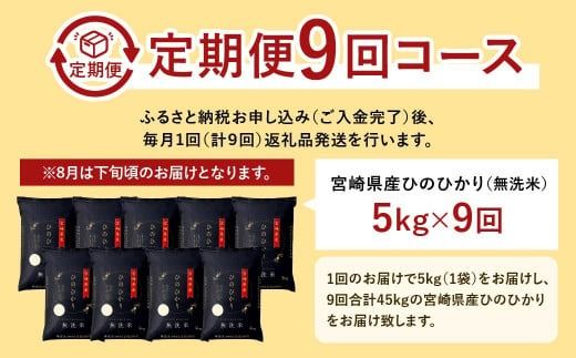 ＜【9ヶ月定期便】令和6年産 宮崎県産ヒノヒカリ（無洗米） 5kg＞11月中旬以降に第1回目発送（8月は下旬頃）【c1221_ku_x1】×9回 合計45kg ヒノヒカリ 宮崎県産 無洗米 米 お米 定期便 チャック付 令和6年産