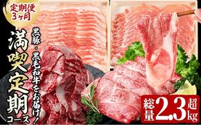 【定期便全3回】黒毛和牛・黒豚をお届け！＜黒毛和牛・黒豚 満喫定期コース＞計2.3kg超 t0041-003