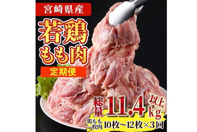 【定期便・全3回】宮崎県産若鶏もも肉(総量11.4kg以上・鶏もも一枚肉250～350g×10～12枚×3回)  お肉 鳥肉 とり肉 鶏肉 若鶏 もも肉 国産 宮崎県産 唐揚げ から揚げ からあげ 冷凍 便利 【南九フーズ】【NK-22】