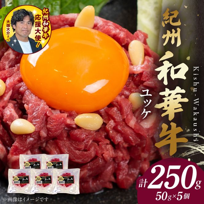 BN6138_紀州和華牛 ユッケ50g × 5個 タレ付き 牛肉 モモ肉 黒毛和牛 栄養 多い 赤身 新鮮 自家製 オリジナル タレ 薄口しょうゆ 信州みそ コク ごま油 お取り寄せ お取り寄せグルメ 和歌山県 湯浅町 送料無料