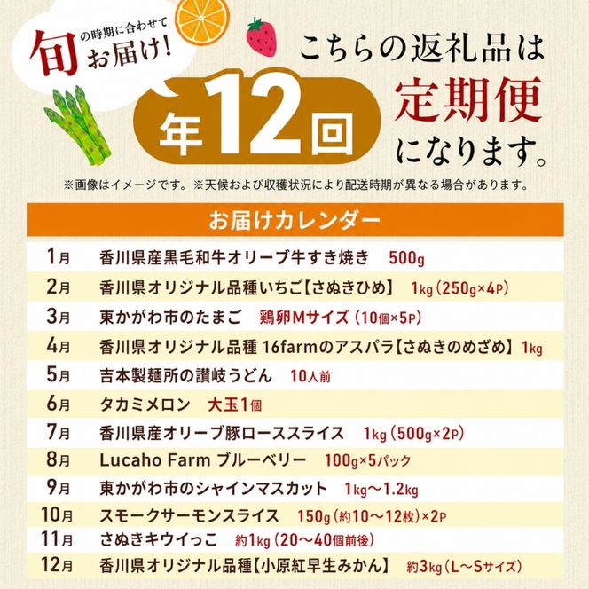 東かがわ市お楽しみ頒布会(12回) みかん いちご 卵 アスパラ 讃岐うどん メロン 豚肉 ブルーベリー シャインマスカット サーモン キウイ 黒毛和牛 香川
