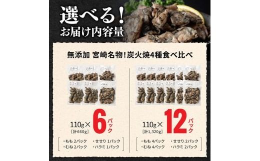 ※内容量が選べる※【無添加】宮崎名物！炭火焼4種食べ比べ 【 無添加 食べ比べ 炭火焼 肉 鶏肉 もも むね せせり はらみ 】 [C00808] [C00809]