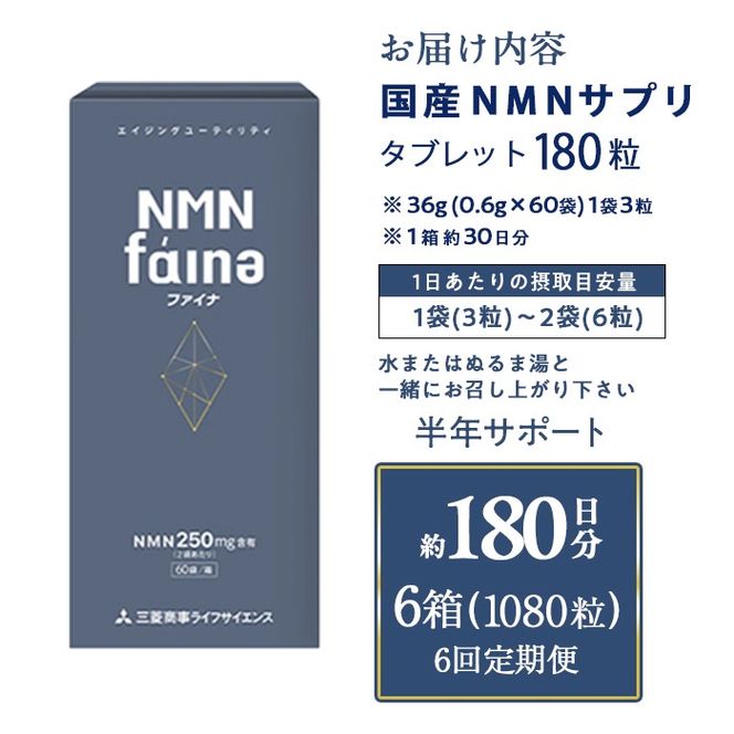 完全国内生産のNMNサプリメント「NMNファイナ」計1080粒（計180粒×6回毎月）健康サポートサプリメント NMN 大分県 佐伯市 【GM003】【三菱商事ライフサイエンス (株)】
