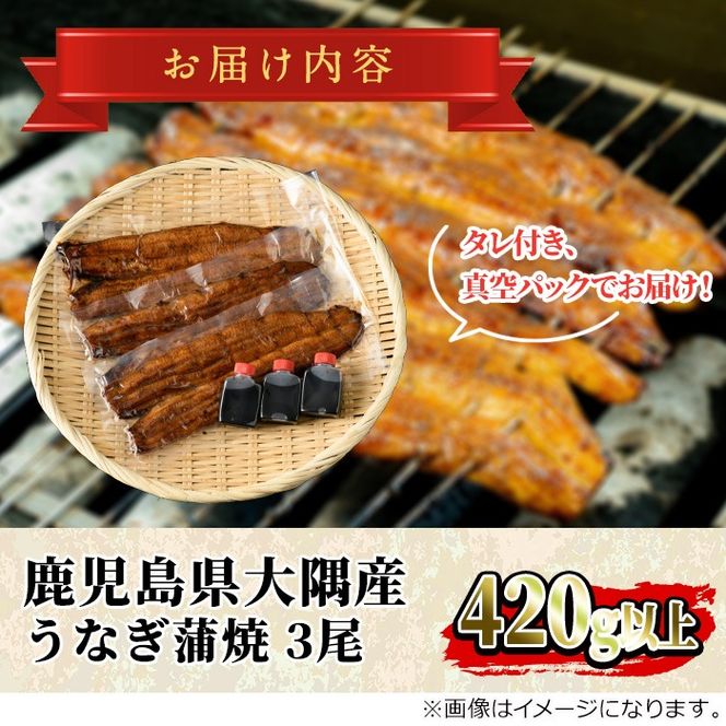 【0393710a】鹿児島県産東串良町のうなぎの蒲焼(3尾・計420g以上・秘伝のタレ付き)うなぎ 高級 ウナギ 鰻 国産 蒲焼 蒲焼き たれ 鹿児島【うなぎ太郎】