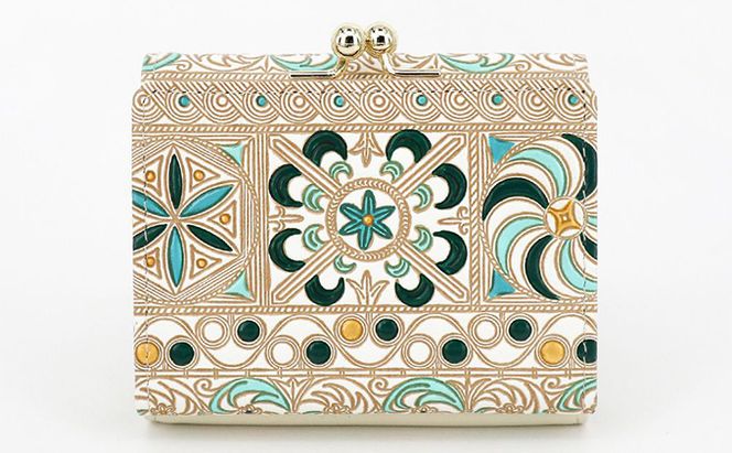 【文庫屋大関】三つ折りミニ財布　錦紗（緑）【皮革工芸品】 ファッション 小物 民芸品 お札 カード 小銭 手のひらサイズ コンパクト 大人かわいい 牛革 手作り 国産 