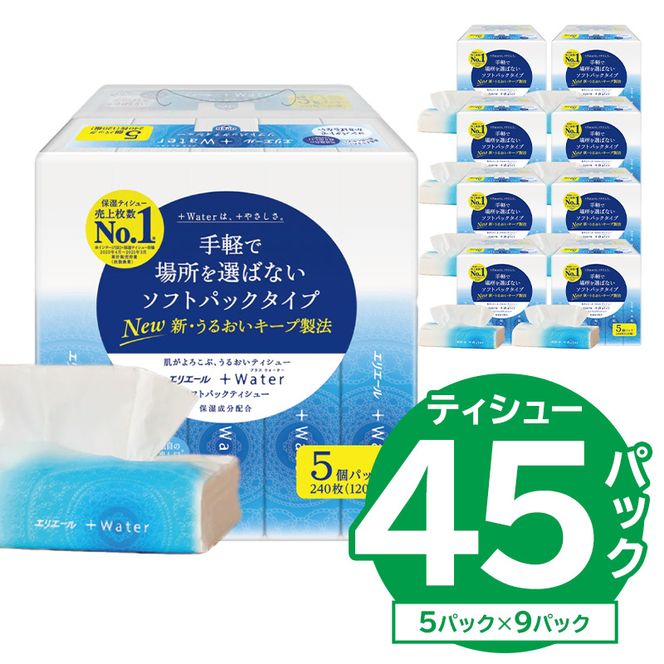 【ハーフサイズ】エリエール +Water（プラスウォーター）ソフトパックティシュー　120W5P×9パック ソフトパックティッシュ ティッシュ ソフトパック ティッシュペーパー 箱なし【0095-032】