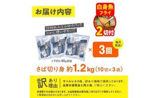 【期間限定・白身魚フライ2切付】＜定期便・全3回 (毎月)＞訳あり・さば 切り身 (総計約3.6kg・40g前後×90切) 訳あり 業務用 さば 切り身 セット 冷凍 国産 切身 魚 海鮮 おかず 骨抜き 骨なし 骨取り 鯖 お弁当 惣菜 簡単調理 無塩フライ 塩焼き 味噌煮 大分県 佐伯市【AQ98-G】【やまろ渡邉】