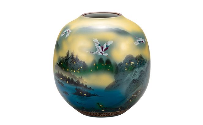 九谷焼　8号花瓶　金箔鶴山水 a05 