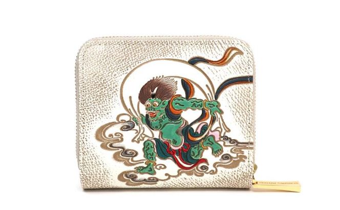 【文庫屋大関】二つ折りファスナーミニ財布 風神雷神【皮革工芸品】財布 二つ折り 小物 お札 カード 小銭 コンパクト 牛革 手作り 日本製 墨田区 東京都