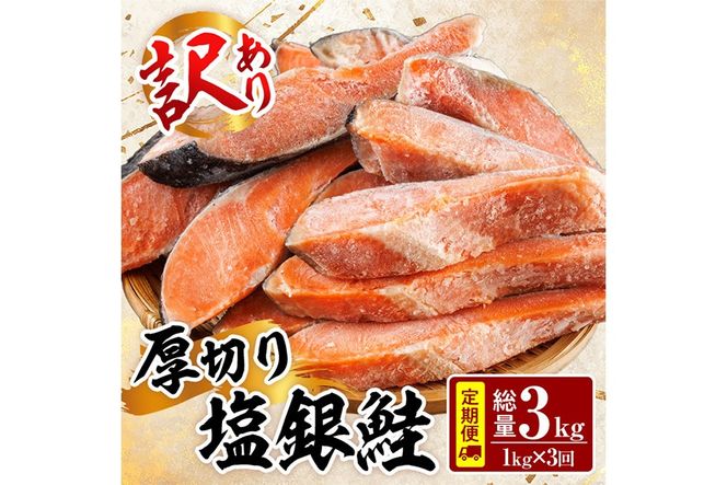 【定期便・全3回(連続)】訳あり 厚切り 塩 銀鮭 切り身(総計3kg・1kg×3回) 銀さけ しゃけ さけ サケ 切身 塩鮭 塩焼き 焼き魚 おかず お惣菜 簡易包装 冷凍 厚切 【YS-6】【株式会社安田】