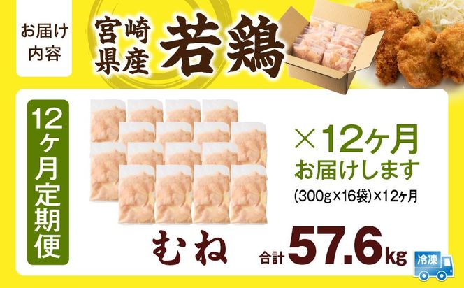 宮崎県産 若鶏切身 むね肉 4.8kg（300g×16袋）【12か月定期便】_b0791_it_x2