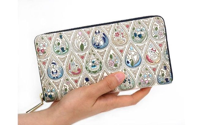 財布 大容量 ぐるっとファスナーの長財布 花と猫 インディゴ 文庫屋大関 お財布 サイフ 長財布 ロングウォレット ウォレット ファスナー長財布 大容量財布 革製品 革小物 本革 日本製 東京 東京都 墨田区