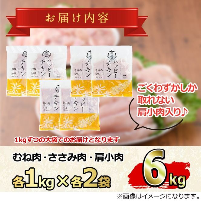 【0124806a-2603】＜2026年3月発送予定＞国産若鶏肉ヘルシーセット(合計6kg・ムネ、ささみ、肩小肉) 鶏肉 鳥肉 とり肉 むね肉 おかず 小分け 国産【エビス】