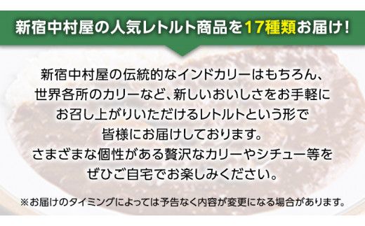 【 定期便 全3回 隔月 お届け 】新宿 中村屋 レトルト 食べ比べ セット ( Bセット 17種 ) 人気 詰合せ 洋食 時短 カレー インドカレー ビーフカレー 欧風カレー 数量限定 贈答品 保存用 ストック用 非常用 老舗 電子レンジ 調理可 [DM006us] レンチン レンジ 