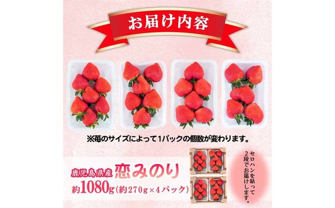 【数量限定】鹿児島県産朝採れイチゴ「恋みのり」約1080g(約270g×4パック) a3-209