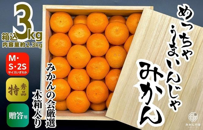 みかん めっちゃうまいんじゃ 木箱入 約3kg （内容量2.3kg）みかんの会厳選 特選品 M S 2S サイズのいずれか 和歌山県産 産地直送 S品 贈答用 【みかんの会】 AX193