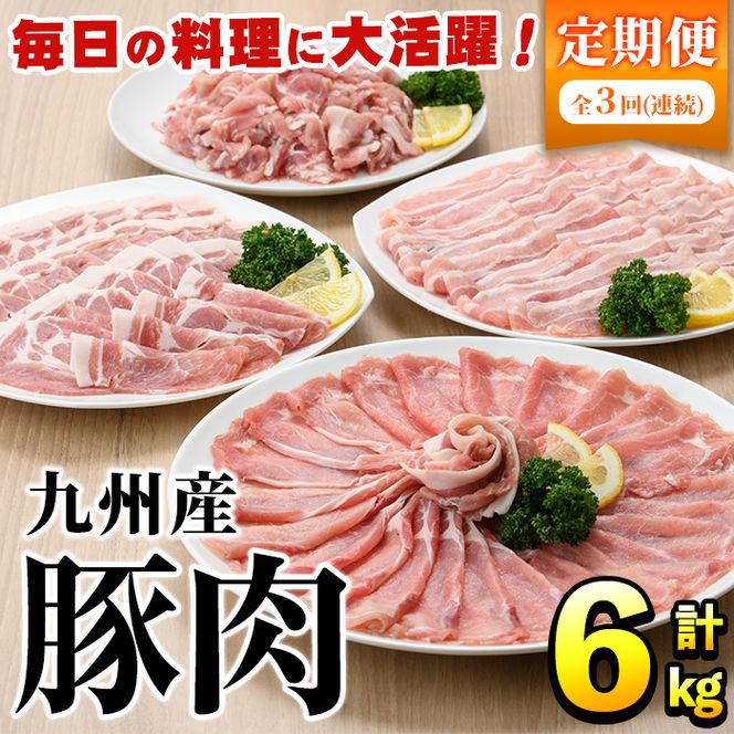 ＜定期便・全3回＞豚肉詰め合わせ(計6kg・1パック250g) 国産 九州産 小分け 個包装 真空パック 定期便 鍋 冷凍配送 ぶた肉 ポーク セット 詰め合わせ ロースしゃぶしゃぶ 肩ロース生姜焼き 豚バラスライス こま切れ【三九】akn006-12
