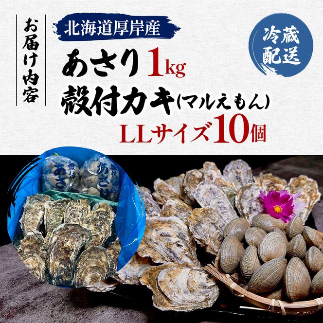 北海道 厚岸産 砂抜き済み あさり 1kg ＆ ブランド牡蠣 マルえもん 殻付き LLサイズ 10個 【光輝】 [ 魚貝類 海鮮 海の幸 みそ汁 酒蒸し アサリバタ 産地直送 生食用牡蠣 生食用 牡蠣 カキ ］