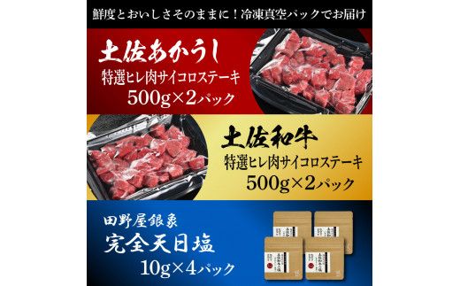 土佐あかうし＆土佐和牛2種食べ比べ 特選ヒレ肉サイコロステーキ500g 計4P 田野屋銀象完全天日塩4P付 牛肉 肉 お肉 和牛 国産 牛 赤身 ヒレ カルビ ロース【株式会社LATERAL】 [BQAU079]
