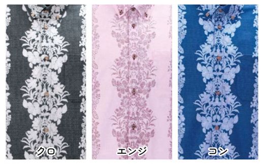 かりゆしウェア 紳士用 ハイビスカスストライプ柄Lサイズ×エンジ