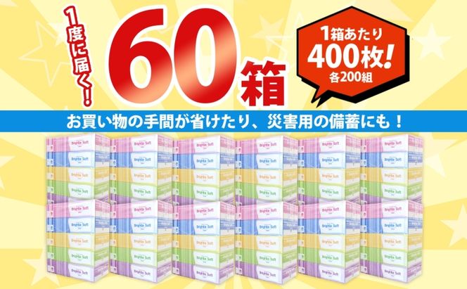 【CF】ブライティアソフト BOXティッシュ 200W 60箱 【納期:1～2ヵ月】まとめ買い ティッシュ リサイクル 長持 防災 常備品 日用雑貨 消耗品 生活必需品 備蓄 ペーパー 紙 北海道 倶知安町 ※沖縄県・離島配送不可※ 日用品 福祉用品 