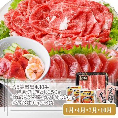 定期便(3回配送)枕崎お楽しみ便(黒毛和牛・かつお・黒豚加工品・さつまあげetc) LL-6008 【1462817】