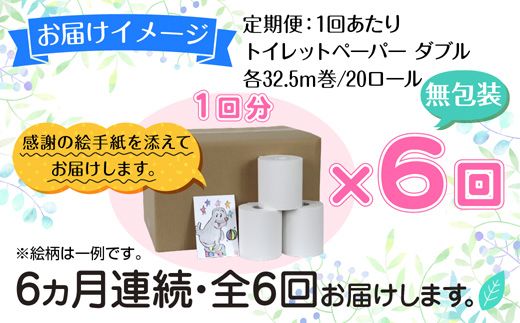 6ヵ月連続6回 定期便 トイレットペーパー ダブル 32.5m 20ロール 無包装 香りなし 日本製 日用品 備蓄 再生紙 リサイクル 業務用 無地 NPO法人支援センターあんしん 新潟県 十日町市 消耗品 生活必需品 エコ製品 